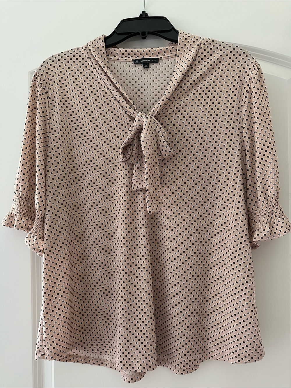 Adrianna Papell Tan Polka Dot Tie-Neck Blouse